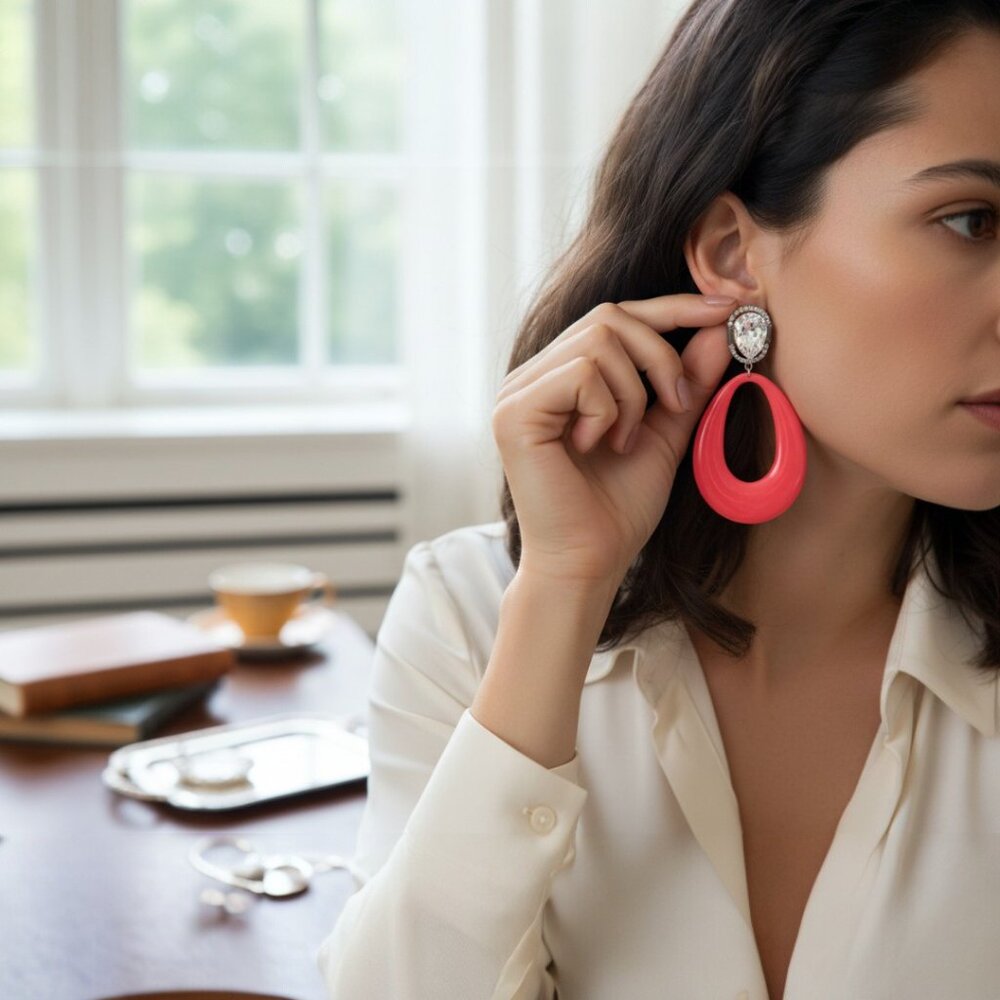 Dannijo Elvis Silver Plated Red Enamel Crystal Oval Designer Pierced Earring's - Picture 2 of 15